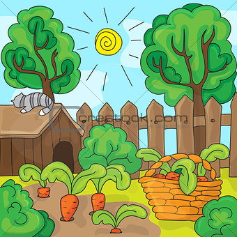Cartoon garden with carrots, vector illustration