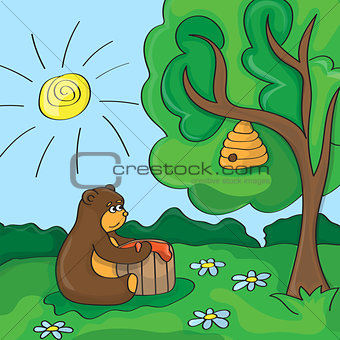 Funny vector cartoon - cute bear with honey