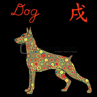 Chinese Zodiac Sign Dog with color flowers over black