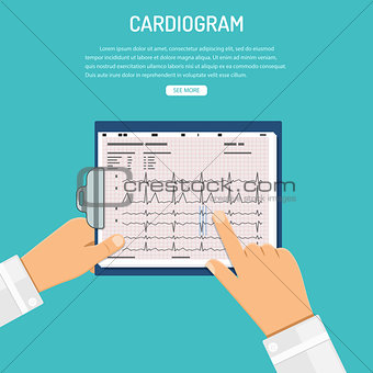 Cardiogram on clipboard in hands of doctor