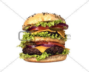 Big juicy hamburger with vegetables and beef. Isolated on white
