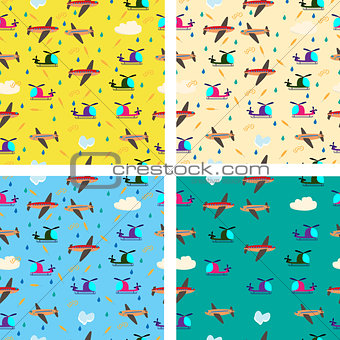 Different kids seamless vector pattern with airplanes and helico