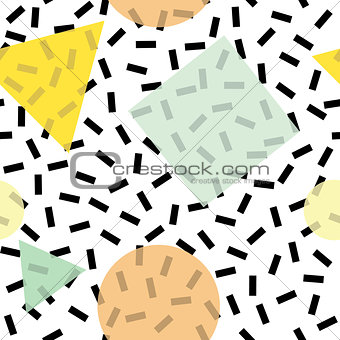 Modern poster, brochure or card geometric figures in Memphis style, perfect for web background or print wrapping decoration and fashion textile, fabric design.