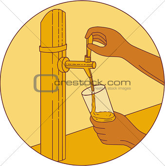 Hand Holding Glass Pouring Beer Tap Circle Drawing