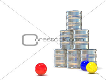 Tin cans and three balls. 3D