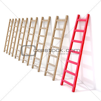 Seven wooden ladders leaning against a wall, one is red. 3D