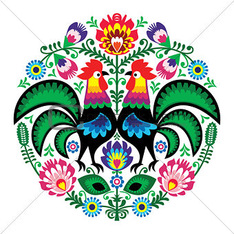 Polish folk art floral embroidery with roosters, traditional pattern - Wycinanki Lowickie