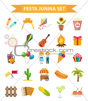 Festa Junina set icons, flat style. Brazilian Latin American festival, celebration of traditional symbols. Collection of design elements, isolated on white background. Vector illustration, clip-art.