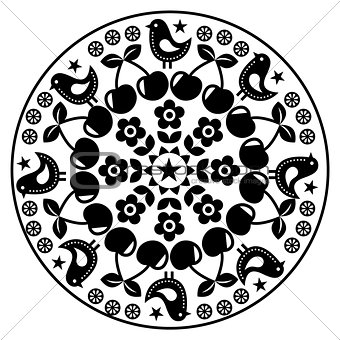Finnish inspired round folk art pattern - black design Scandinavian, Nordic style