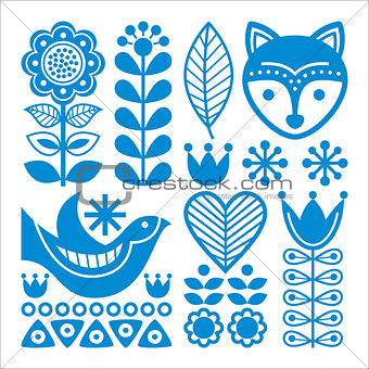 Finnish inspired folk art pattern - blue design, Scandinavian, Nordic style
