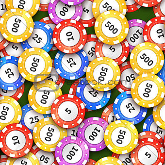 Different colorful casino chips on green cloth, seamless pattern