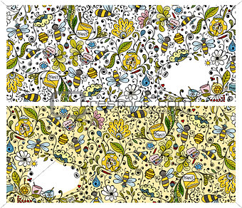 Abstract floral banners with bees, sketch for your design