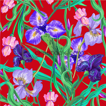 Seamless pattern with flowers. Iris. Lily. Vector. Hand drawn. Red background