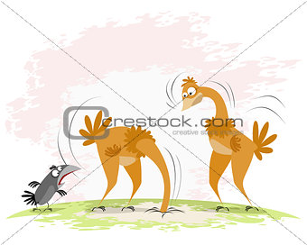 Two ostriches and crow