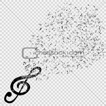 Set of musical notes with treble clef on transparent background.