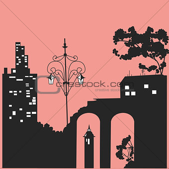 Black silhouettes of houses and trees. Vector illustration.