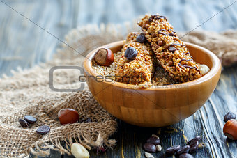 Cereal bars with nuts and chocolate.
