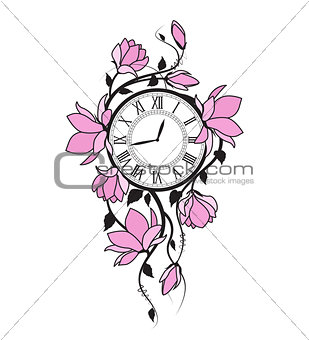 Magnolia flowers and clock