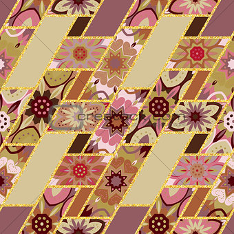 Vector abstract seamless patchwork pattern with geometric and floral ornaments, stylized flowers, dots and lace. Vintage boho style.