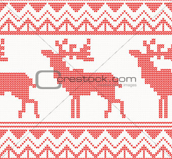 Knitted Deer Seamless Pattern in Red Color.