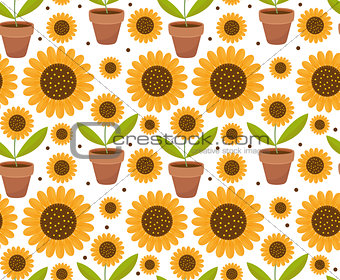 Summer seamless pattern with yellow sunflower flowers. Village endless background, repeating texture. Vector illustration.
