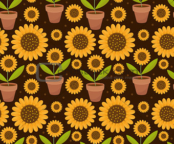 Summer seamless pattern with yellow sunflower flowers. Village endless background, repeating texture. Vector illustration.