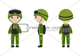 Cartoon character of the worker, soldier, construction worker. The guy in the form of talisman. Worker, builder, soldier mascot logo. Vector illustration.