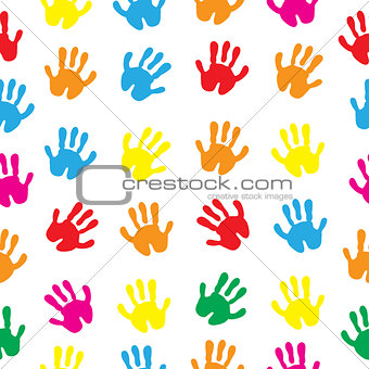 Children s hands, hand prints seamless texture. Children s palms background wallpaper. Vector illustration.