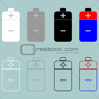 Battery white grey black blue and red icon.