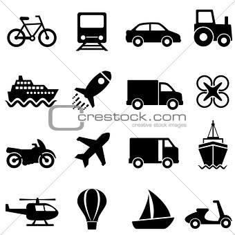 Air, water and land transportation icon set