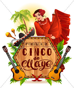 Cinco de Mayo lettering text and woman greeting card