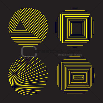 Spirograph style decorative design elements isolated on black background Vector icons set with simple geometric shapes transformations.