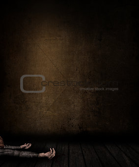 3D grunge room interior with female laying on floor