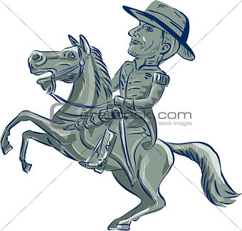 American Cavalry Officer Riding Horse Prancing Cartoon