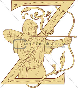 Medieval Archar Aiming Bow and Arrow Letter Z Drawing