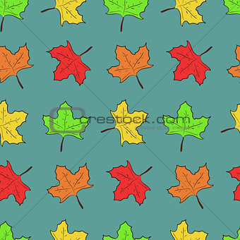 Pattern with cute maple leaves on blue background