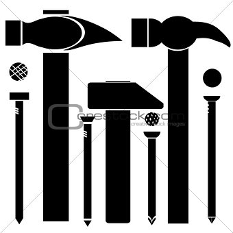Set of Different Hammers and Nails