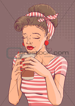 Beautiful young woman holding paper cup of coffee
