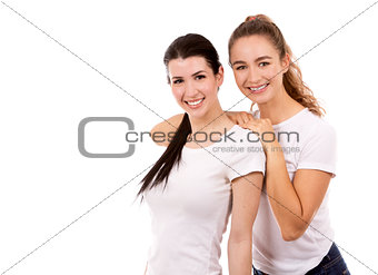 two female friends on white background