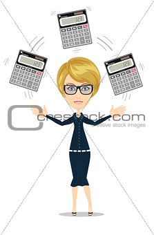 accountant juggling a calculators in his hands