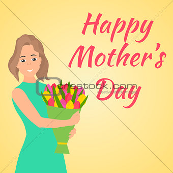 Happy Mothers Day. Woman with beautiful colorful flower.