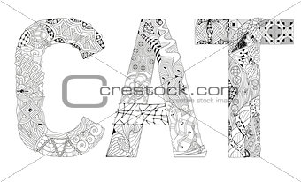 Word cat for coloring. Vector decorative zentangle object