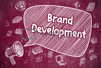 Brand Development - Cartoon Illustration on Red Chalkboard.