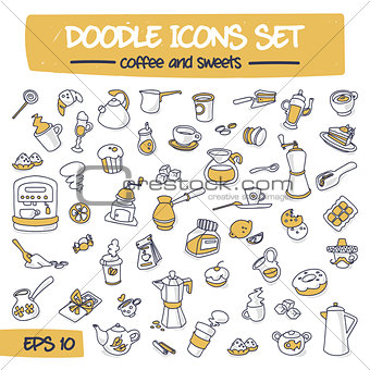 Thin Doodle Icons Set - Coffee and Sweets.