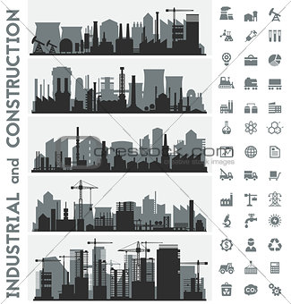 Industrial city skyline sets with icons