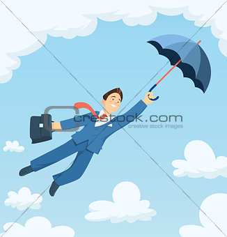 Businessman flying with umbrella in sky.