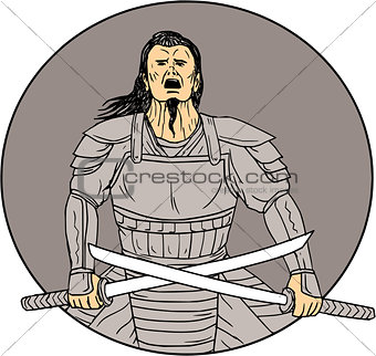 Angry Samurai Warrior Crossing Swords Oval Drawing