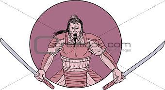 Raging Samurai Warrior Two Swords Oval Drawing