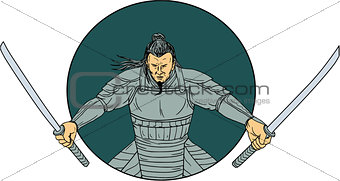 Samurai Warrior Wielding Two Swords Oval Drawing