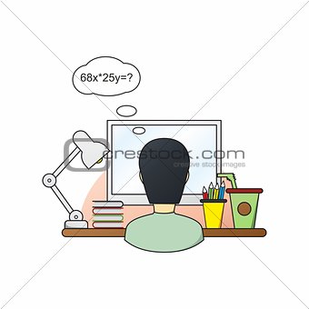 Illustration of a man in the process of learning behind a computer